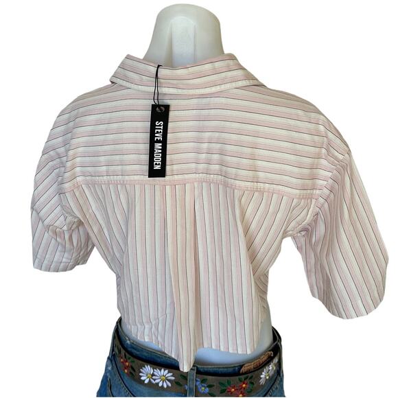 Steve Madden Pink Striped Crop Top XS Button Down Shirt Oversized Boxy $64 NEW - Picture 6 of 7